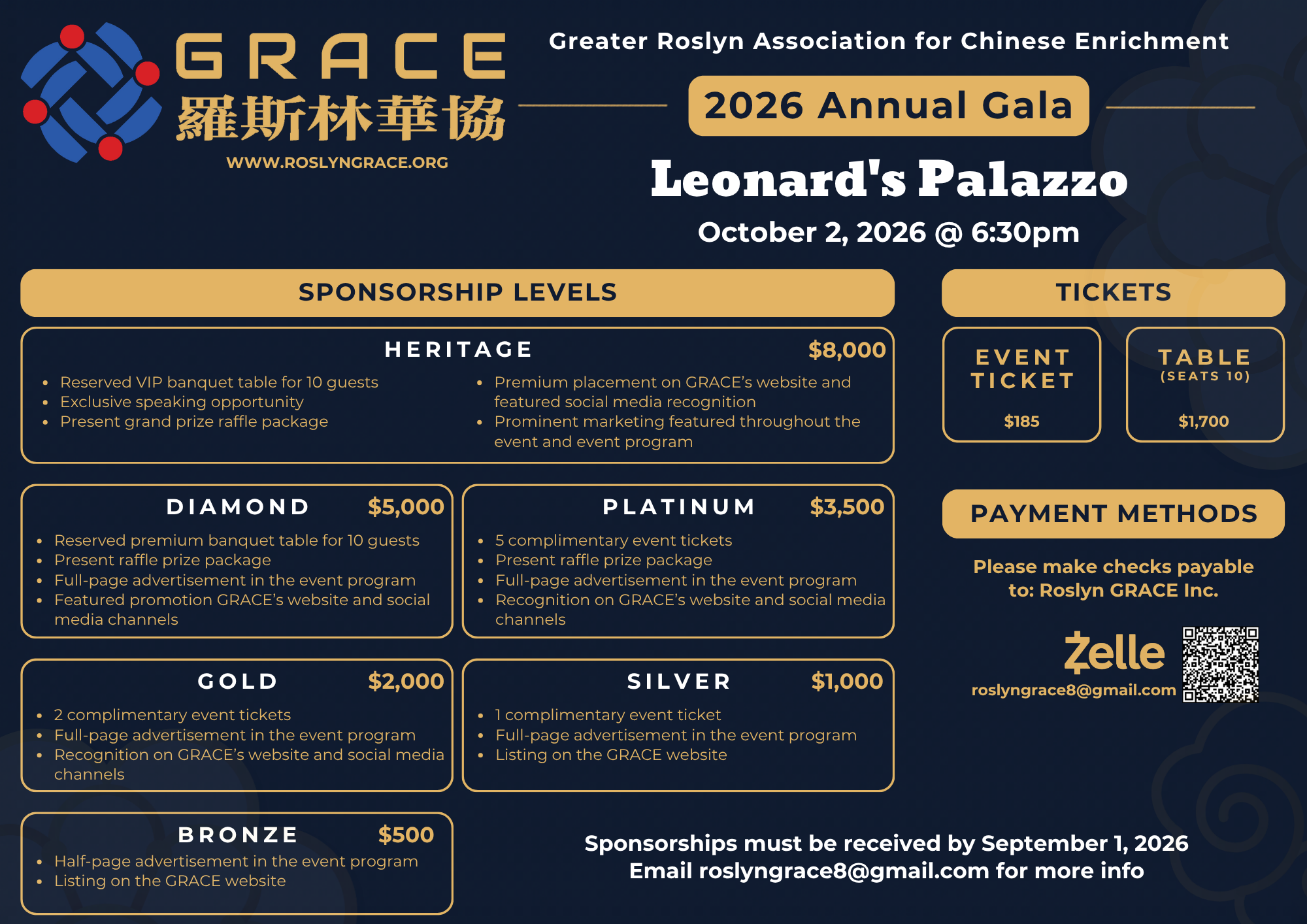 GRACE 2026 Annual Gala sponsorship levels and ticket pricing